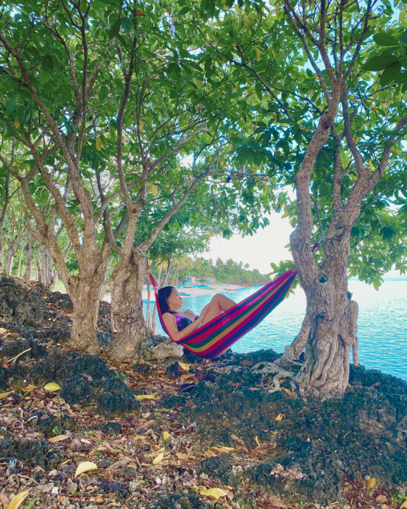 Lady on a Hammock surrounded by a serence background with Trees with an Ocean View