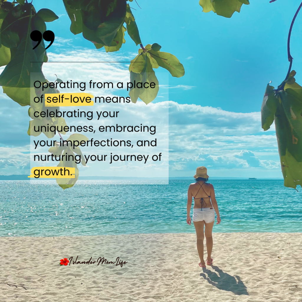 Islandermomlife Motivational Quotes on Self-Care Journey with a nice background of a sand, sea, and clouds.