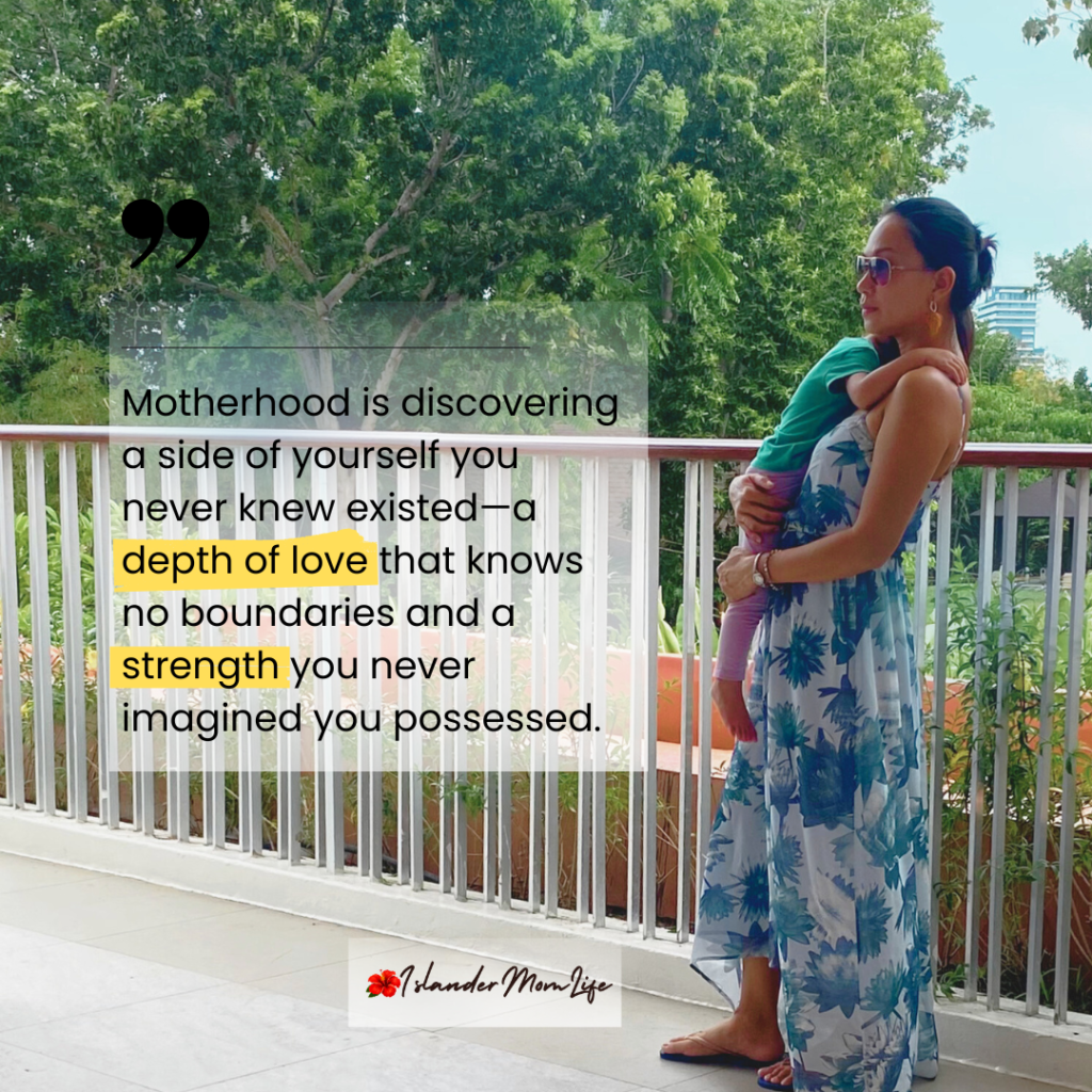 A mom carrying her sleeping bab with a beautiful background of a huge tree, with an islandermomlife quote about motherhood and self-care journey.