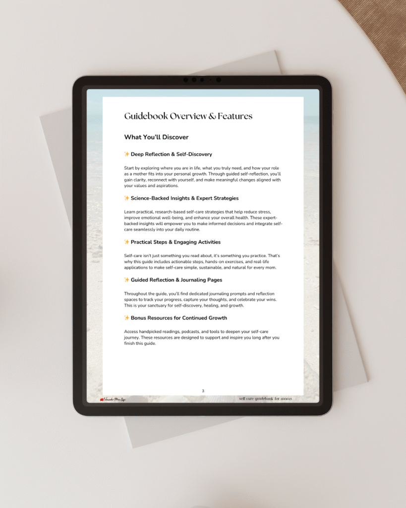 A mock-up of the Guidebook Features Page of More than just mom, a holistic self-care journal for first-time moms