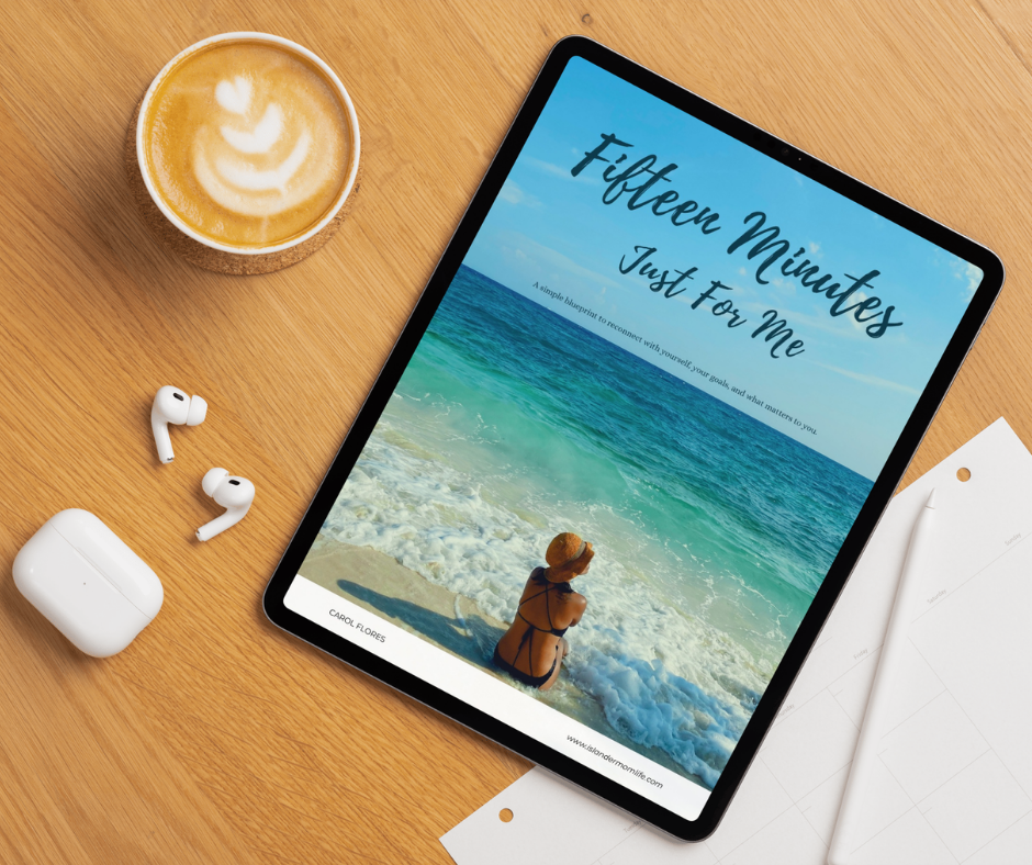 An ipad on the table with Fifteen Minutes Just For Me ebook on the screen from IslanderMomLife